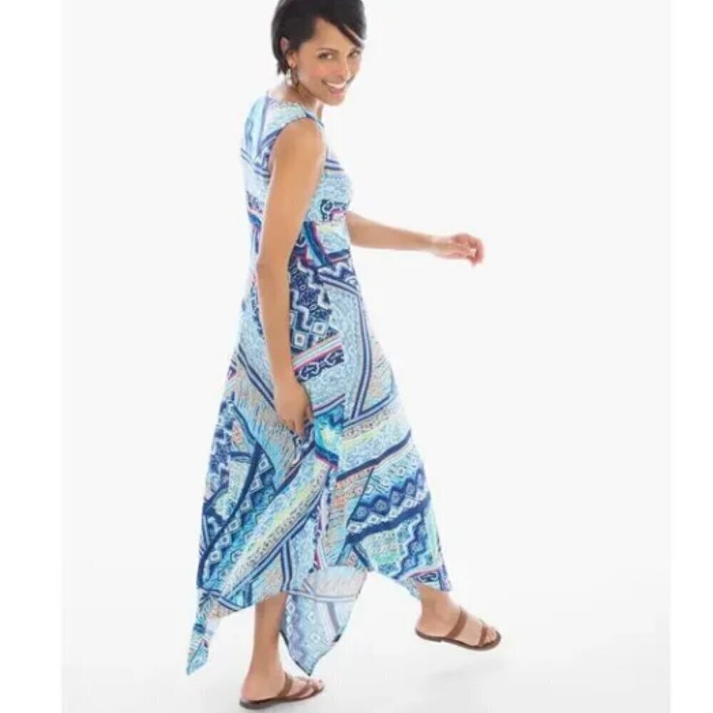 NWT Chico's Handkerchief Hem Twist Knot Blue Multicolor Print Dress Size M
